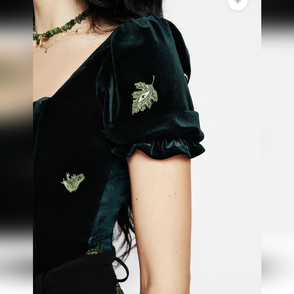 Disturbia Swamplife Frog Embroidered Velour Puff Sleeve Corset Top Dark Green - Picture 5 of 5